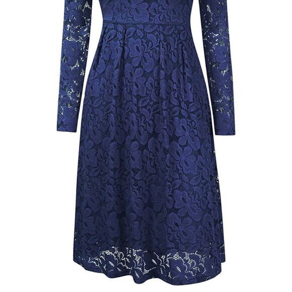 Off Shoulder Lace Retro Pinup Vintage 1950s Long Sleeves Swing Navy Dress L NWT - Picture 2 of 13